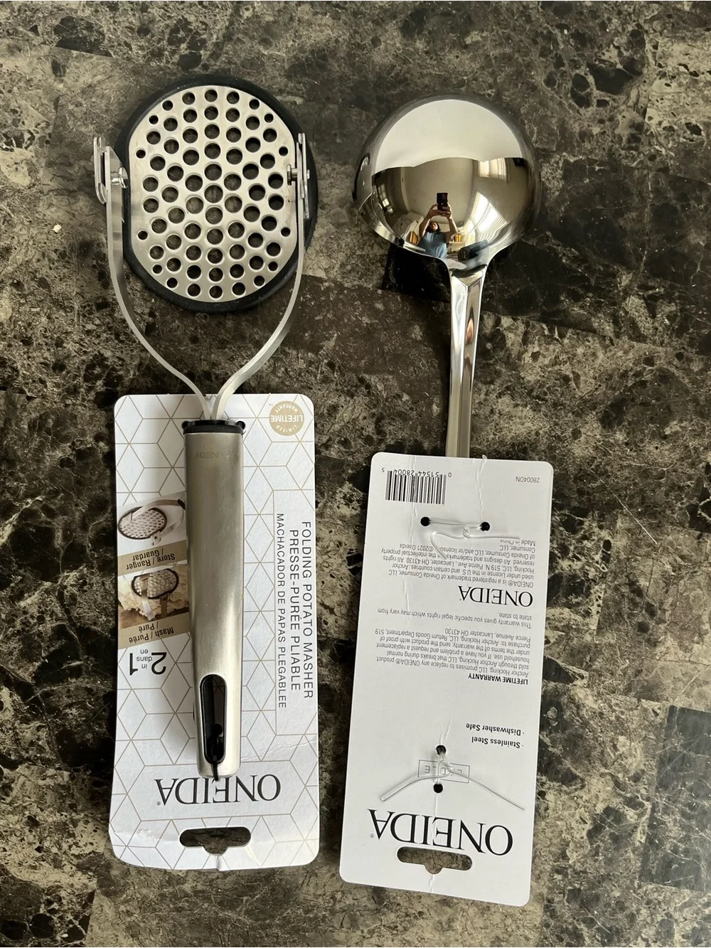 Oneida Kitchen Stainless Steel Foldable Potato Masher & Legacy Ladle 2 Sets